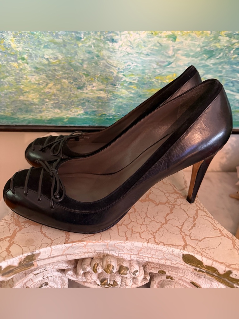 Cole Haan Black Leather Heeled Pumps with Lace Detail